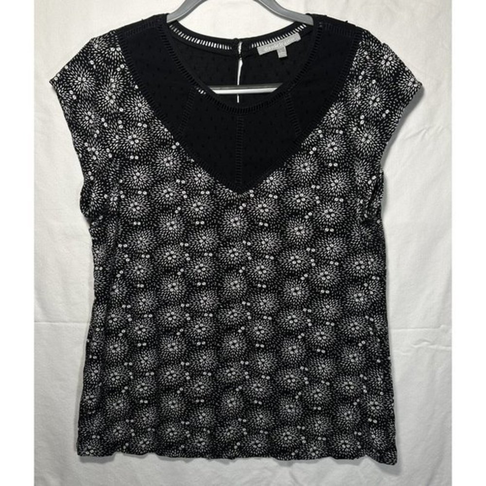 Daniel Rainn Womens Blouse Size L Large Black Floral Short Sleeve Sheer V Neck